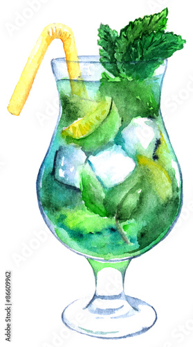 Watercolor mojito lime ice mint cocktail vector isolated