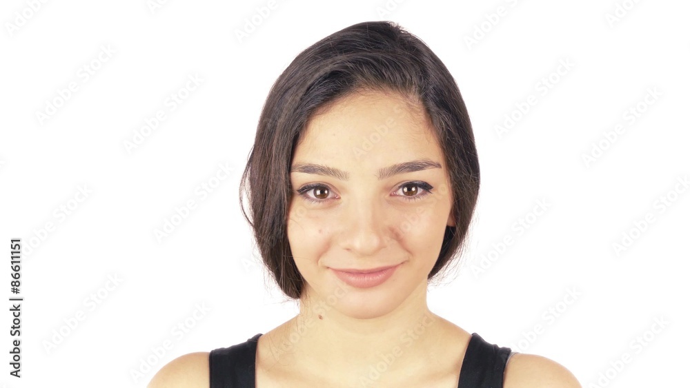 Woman Facing Camera Close up on White, Video for advertisement Woman Facing Camera Close up on White, Video for advertisement