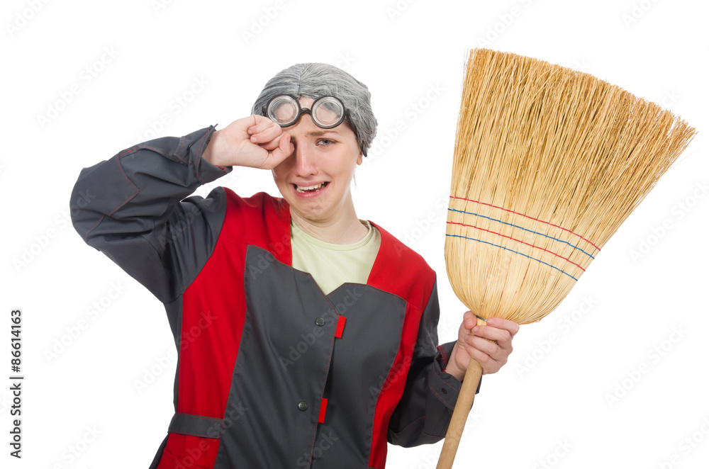 Woman with sweeping brush isolated on white Woman with sweeping brush isolated on white