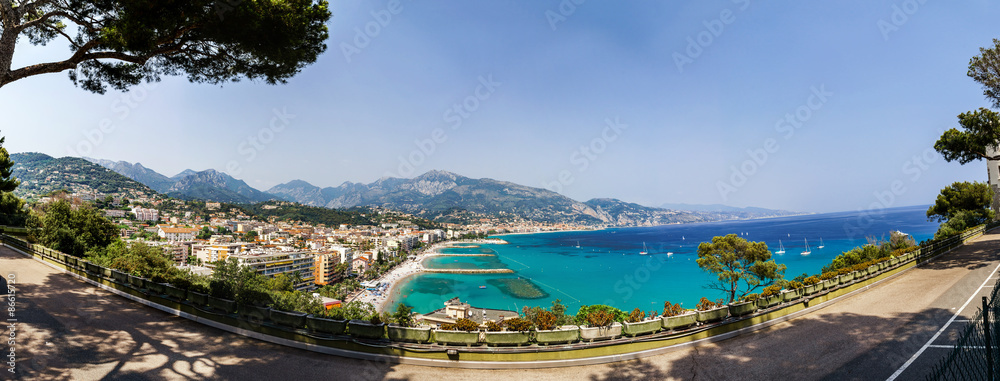Beautiful wide panoramic view to beaches in Menton, France