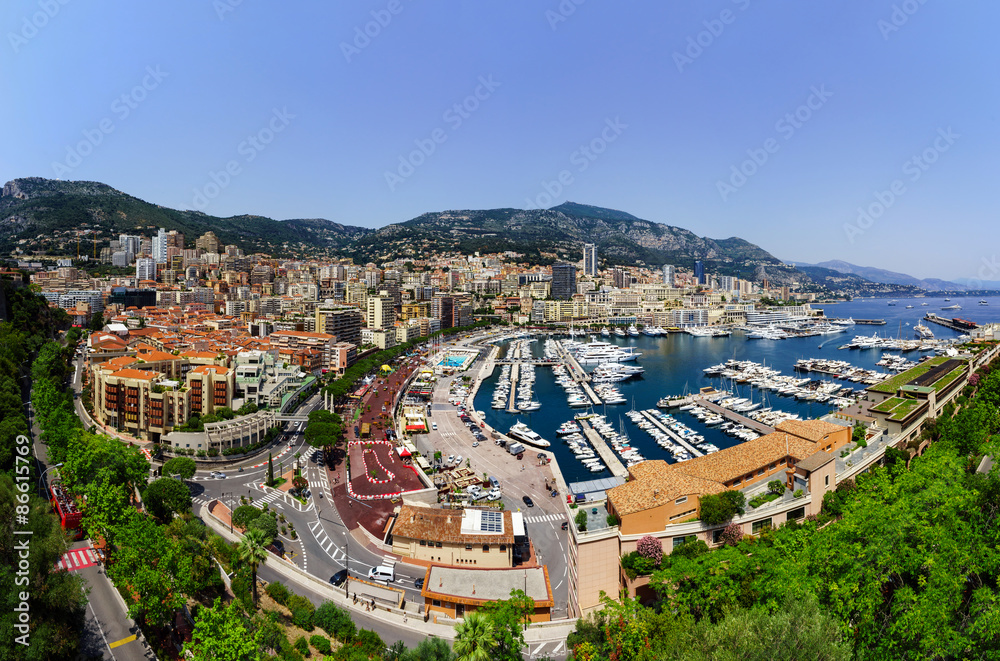 Monaco panoramic bird-fly view, business and tourism concept
