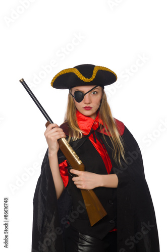 Pirate girl holding gun isolated on white