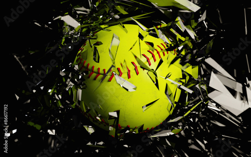 a 3d render of a softball breaking glass against a black background.