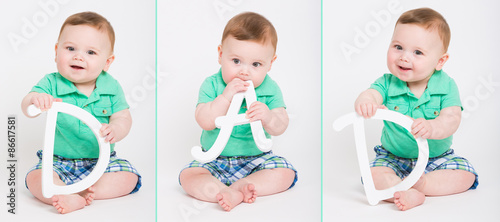 three separate images of an 8 month year old baby sitting on a white background holding the letters to spell dad.dressed in a cute green polo shirt and blue plaid shorts.