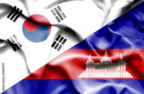 Waving flag of Cambodia and South Korea