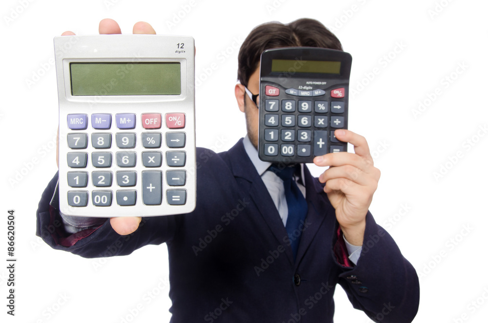 Funny man with calculator isolated on white Funny man with calculator isolated on white