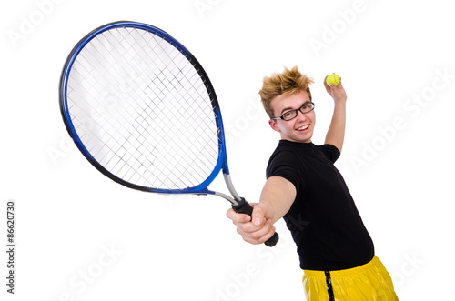 Funny tennis player isolated on white © Elnur