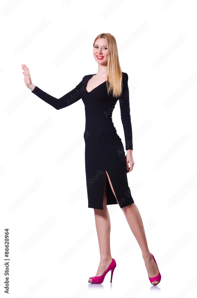 Young girl in black dress pushing isolated on white Young girl in black dress pushing isolated on white