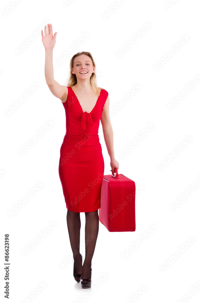 Red dress woman holding trunk isolated on white Red dress woman holding trunk isolated on white