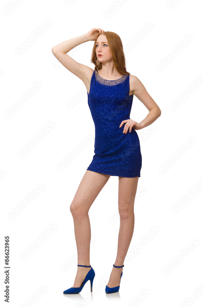 Pretty red hair girl in blue dress isolated on white