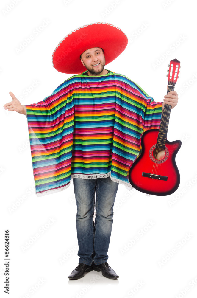 Funny mexican with guitar isolated on white Funny mexican with guitar isolated on white