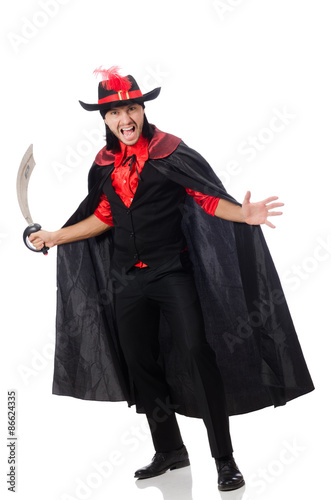 Young man in carnival coat with sword isolated on white
