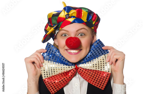 Pretty female clown isolated on white