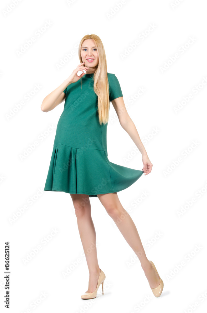 Beautiful pregnant woman in green dress isolated on white Beautiful pregnant woman in green dress isolated on white