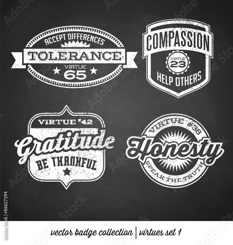 badge label collection with virtues- positive character traits on retro style crests