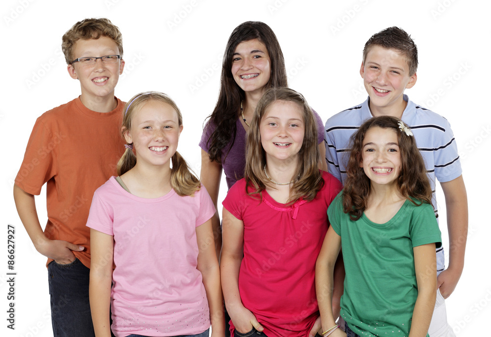 Studio portrait of six boys and girls on a white background. Studio portrait of six boys and girls on a white background.
