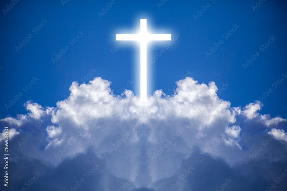 White cross in the heavens is a mixture of a cloud photograph and an illustrated cross.