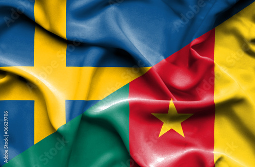 Waving flag of Cameroon and Sweden