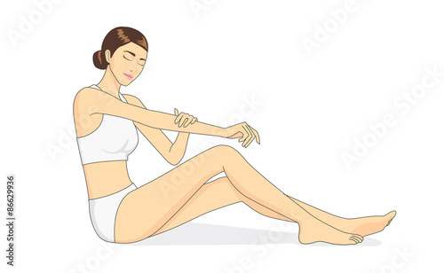Full body of beautiful woman applying moisturizer cream on arm skin. Skin care concept