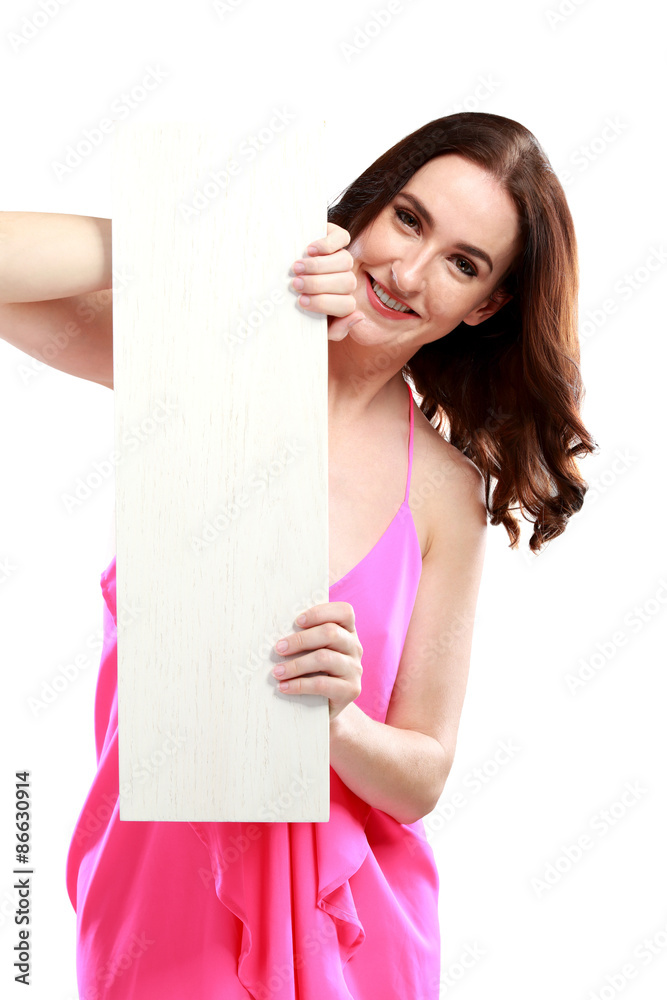 beautiful model smiling while holding white board beautiful model smiling while holding white board