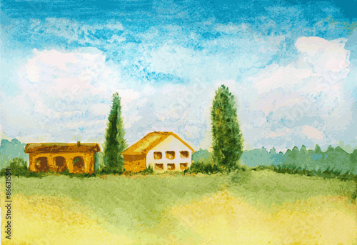 watercolor landscape with trees, hills, clouds and houses. vector