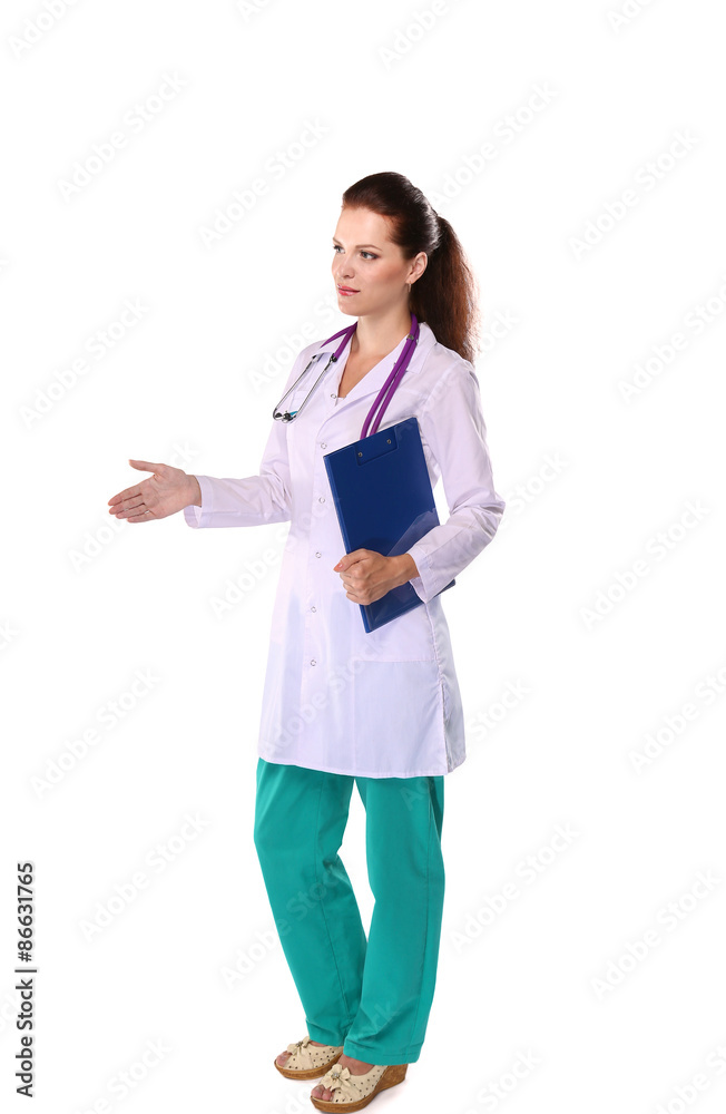 Female doctor giving his hand for a handshake Female doctor giving his hand for a handshake