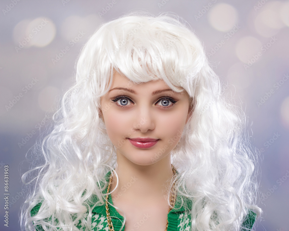 Portrait of beautiful girl with white curly hair close-up.