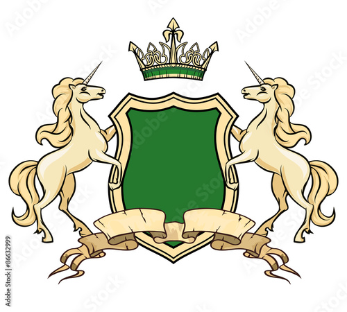 Coat of arms logo template. Unicorns with shield and crown