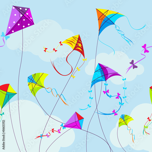 Vector illustration of colorful kites and clouds in the sky