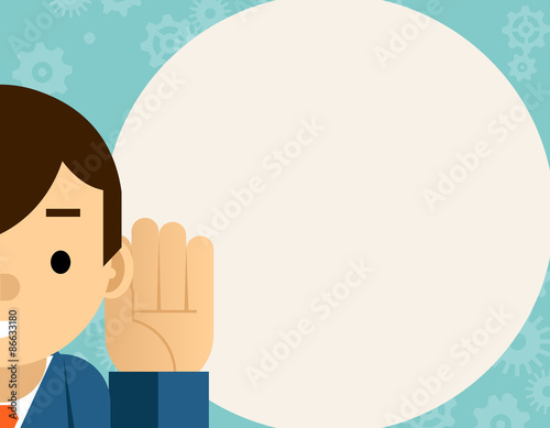 Listening. Businessman holds hand near ear