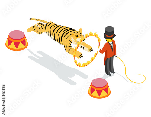 Tiger jumping through ring. Flat isometric 3d vector