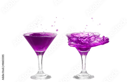collage  purple cocktail with splash isolated on white background