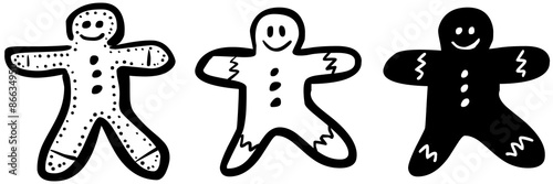 3 Lebkuchenmänner, handgezeichnet, schwarz-weiß, Vektor