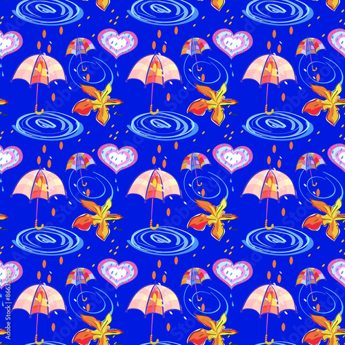 Autumn Maple leaf, Umbrella, Hearts and Rain Drops on Blue Background. Vector Seamless Pattern for wrapping paper, textiles or design websites