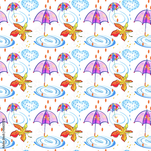 Autumn Maple leaf, Umbrella, Hearts and Rain Drops. Vector Seamless Pattern for wrapping paper, textiles or design websites