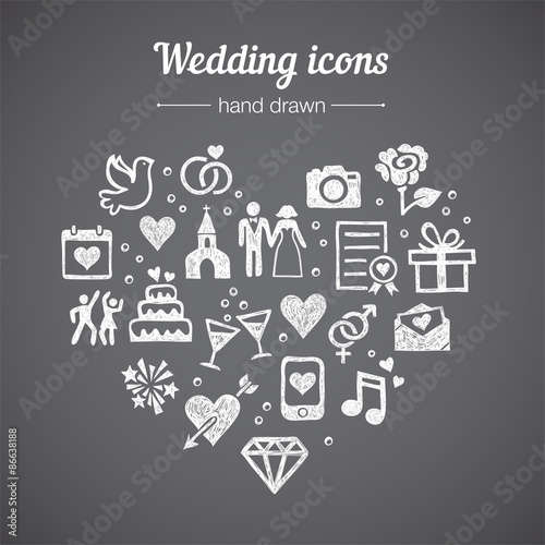 Hand drawn vector set of wedding icons: marriage, rings, couple, bride, groom, love