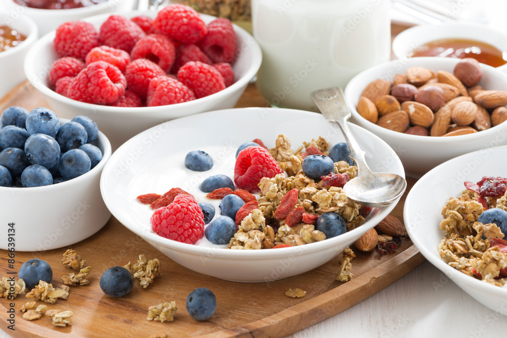 homemade muesli with fresh berries, nuts and yogurt 
