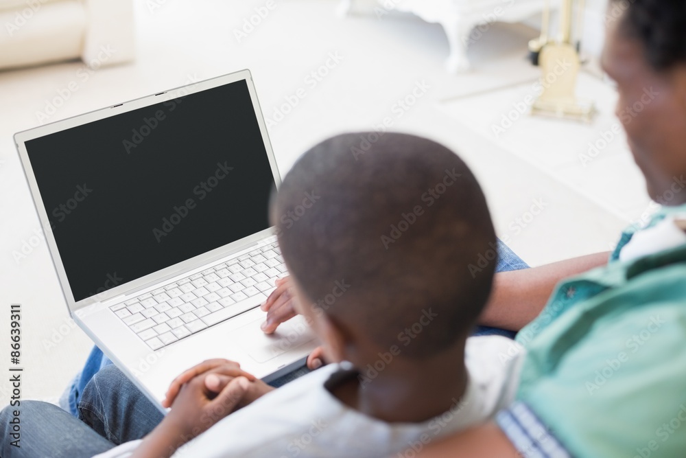 Father and son using laptop on the couch Father and son using laptop on the couch