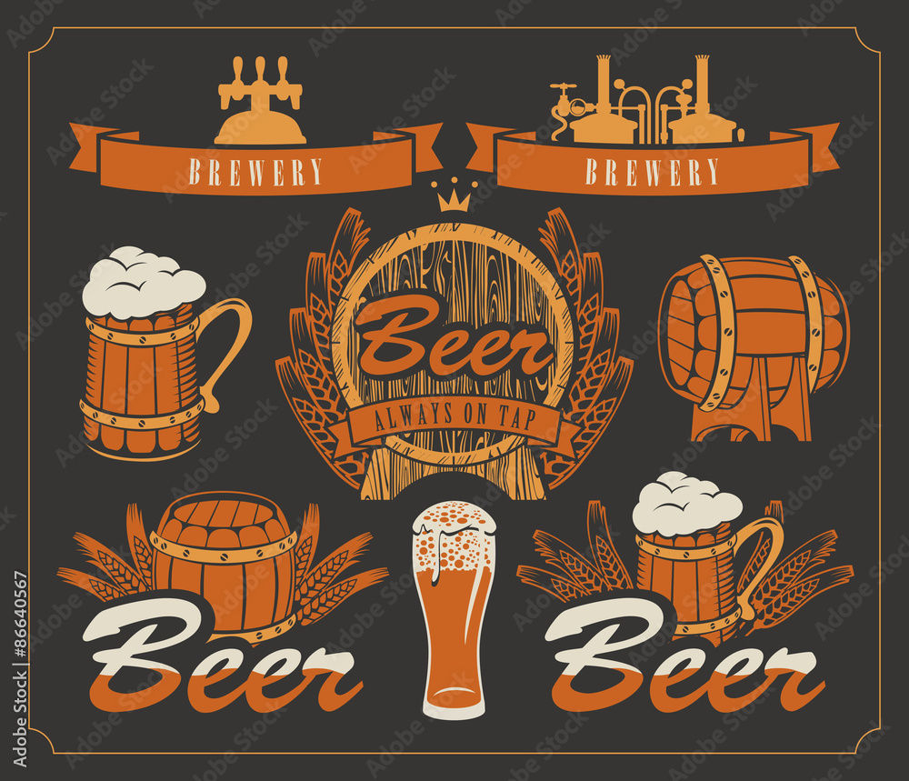 set of design elements and emblems for beer and brewery