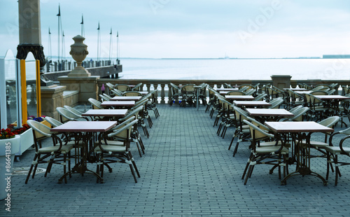 Street cafe on the background of the Caspian Sea
