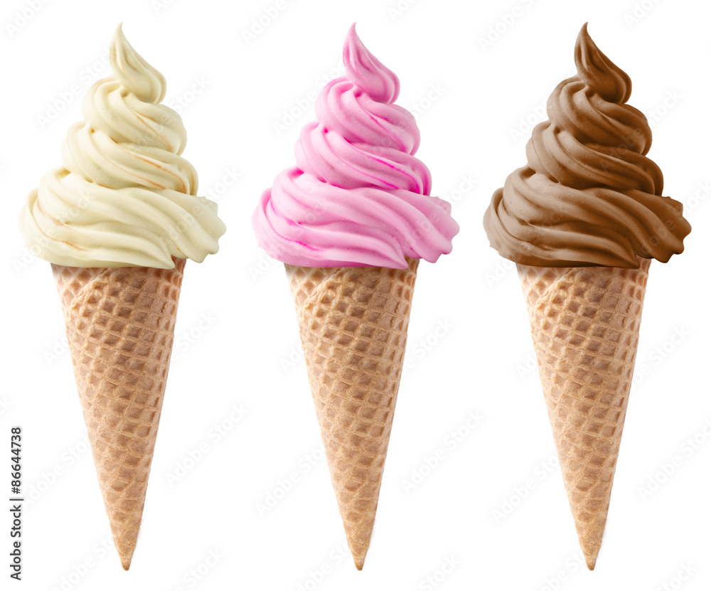 Ice cream cone wafer isolated set with vanilla, chocolate and strawberry