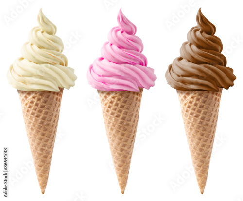 Ice cream cone wafer isolated set with vanilla, chocolate and strawberry