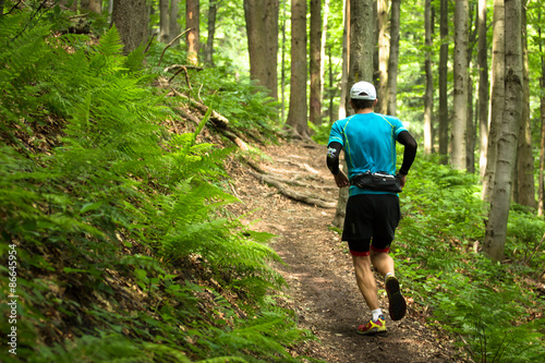 male trail runner on the track in the woods
