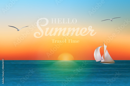 Sunrise in the sea with a sailboat and seagulls. Summer holidays