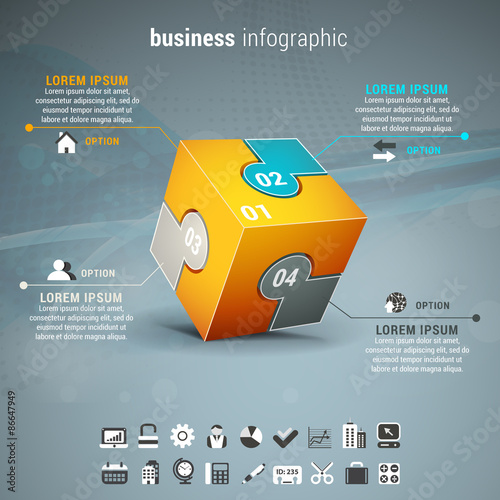 Business infographic with cube made of puzzle.