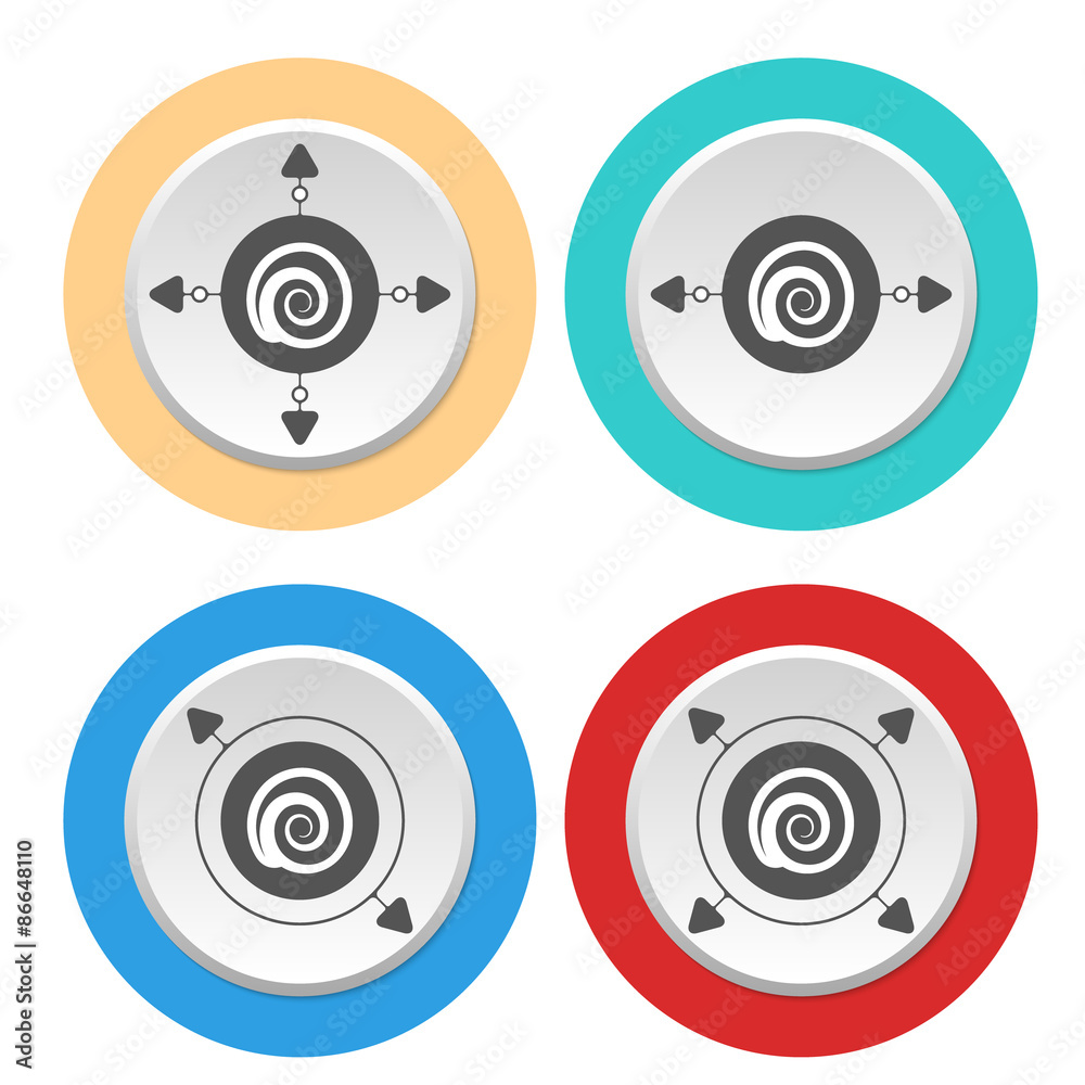 Four circular abstract colored icons with arrows and spiral Four circular abstract colored icons with arrows and spiral