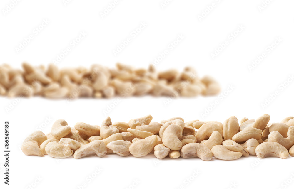 Line of cashew nuts isolated Line of cashew nuts isolated