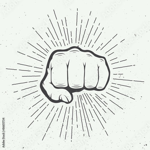Fist with sunbursts in vintage style. Vector illustration photo