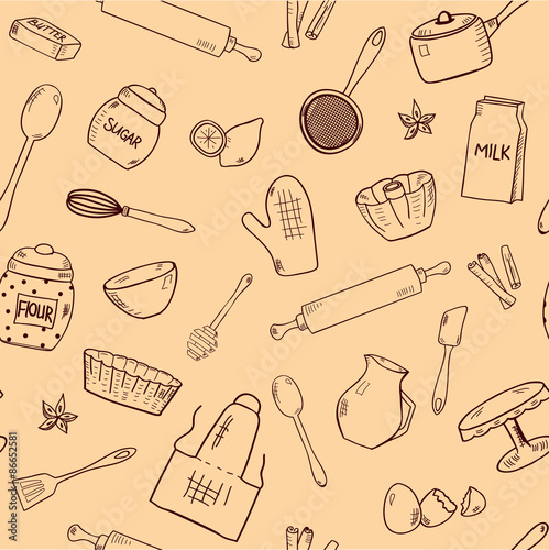 Pattern with hand drawn kitchen items