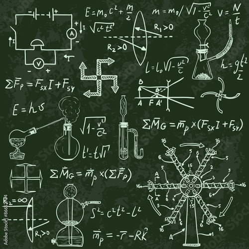 Physical formulas and phenomenons on chalkboard. Vintage hand drawn illustration